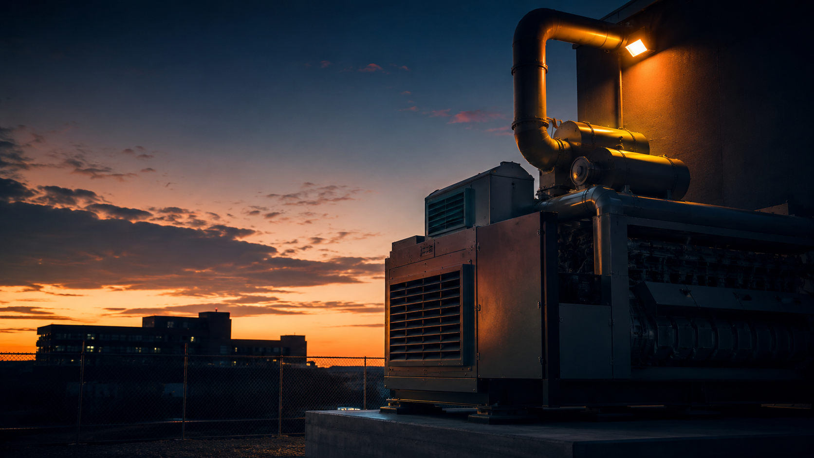 Hospital emergency generator at dusk — True South FieldOps critical power thermal documentation in Georgia