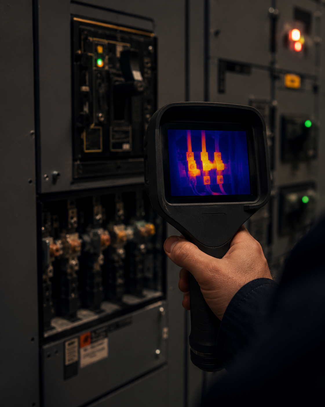 NFPA 70B thermal imaging of hospital switchgear bus connections showing heat signatures — True South FieldOps field documentation